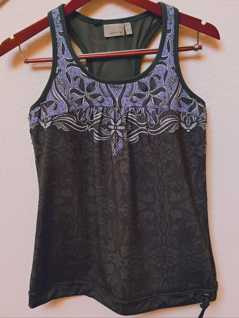 Athleta Charcoal Racer Tank with Lavender Yoke and Printed Body
